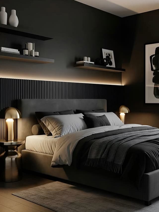 20. Black Bedroom with Floating Shelves and Warm Lighting - black bedroom ideas
