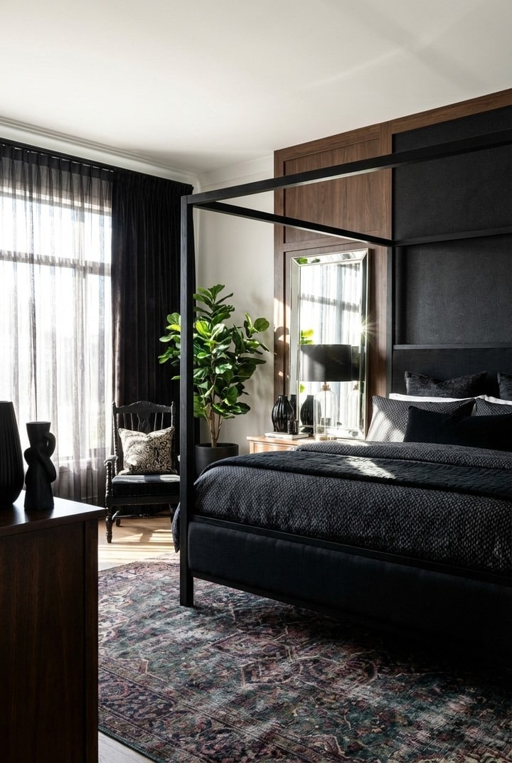 21. Black Canopy Bedroom with Walnut Accents - black bedroom ideas