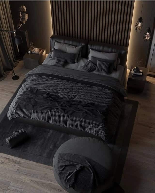 22. Black Slatted Wall Bedroom with Charcoal Bedding - black bedroom ideas