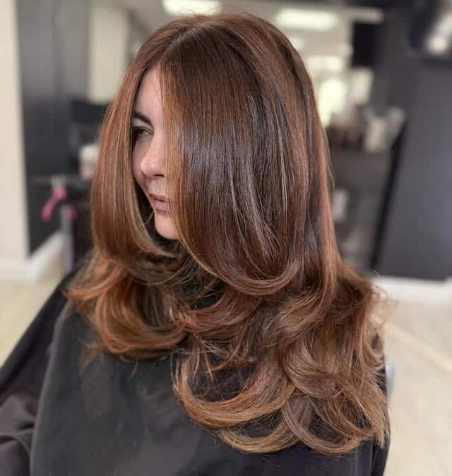 16. Chestnut Brown Feathered Layers - Winter Hair Color