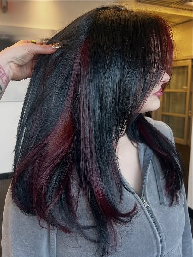 6. Black Hair with Hidden Burgundy Panels - Baddie Hairstyles