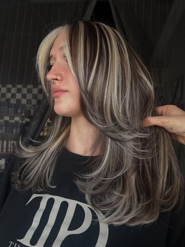 12. Smoky Brunette Layers with Platinum Money Piece - Baddie Hairstyles