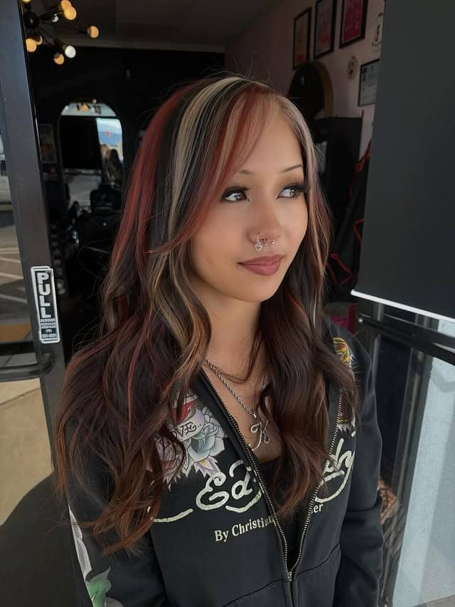 13. Chocolate Brown Waves with Auburn and Blonde Face Frame - Baddie Hairstyles