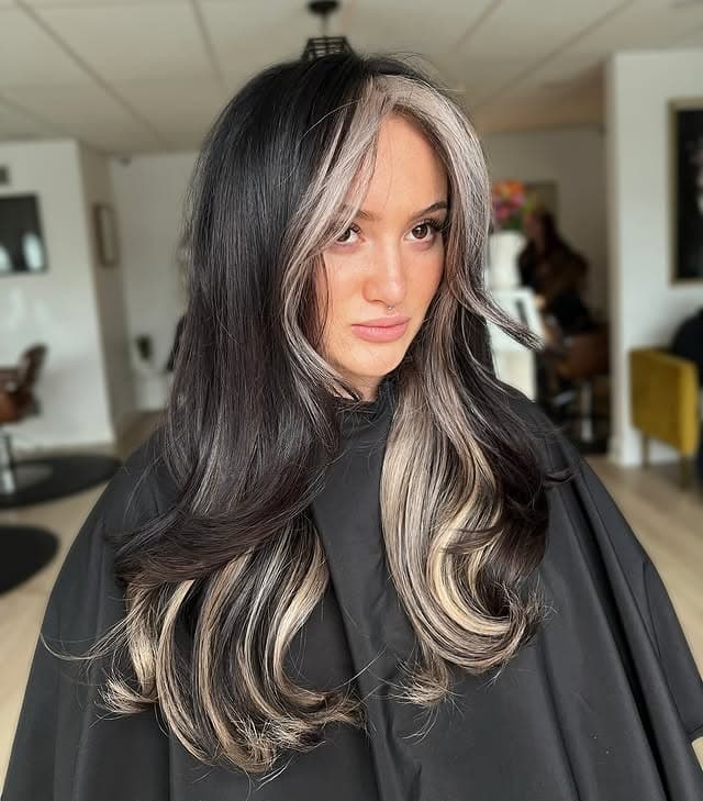 14. Black Hair with Silver Money Piece Highlights - Baddie Hairstyles
