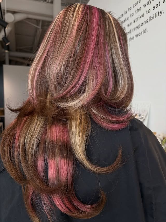 18. Brunette Layers with Rose Pink Ribbon Highlights - Baddie Hairstyles