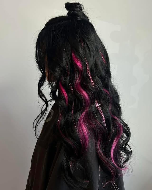 20. Half-Up Black Waves with Pink Accent Streaks - Baddie Hairstyles