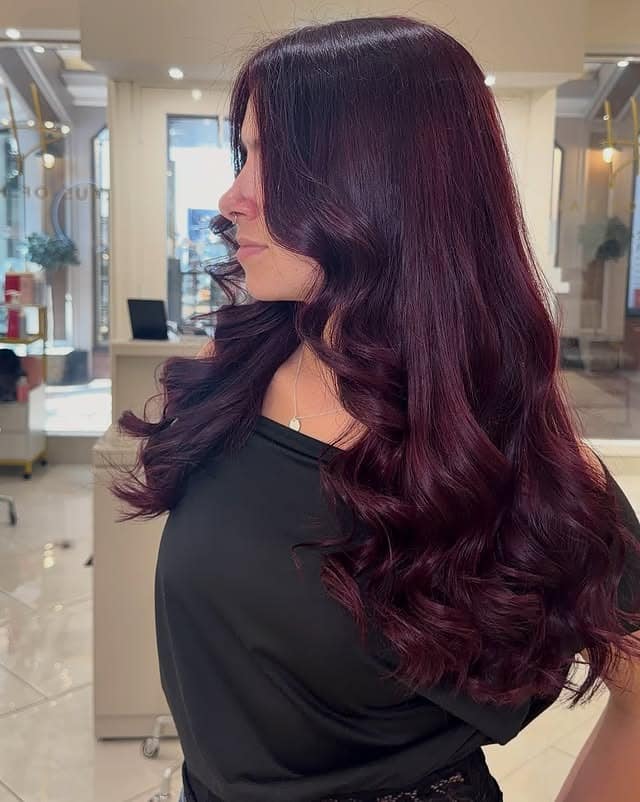 22. Deep Plum Waves with Curtain Layers - Baddie Hairstyles