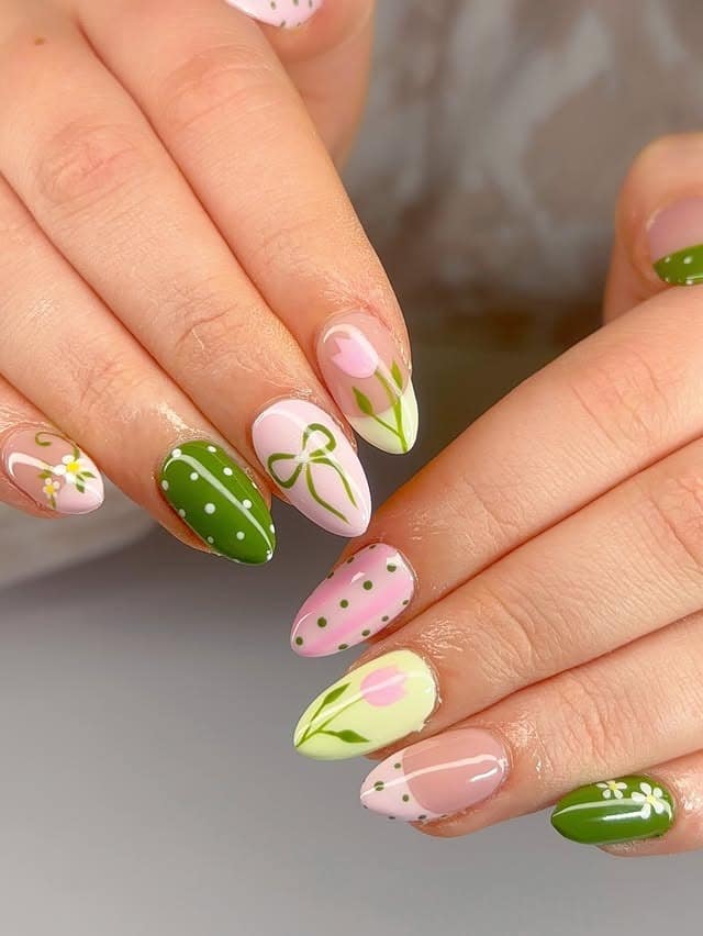 2. Spring Floral Green Almond Nails - march nail ideas