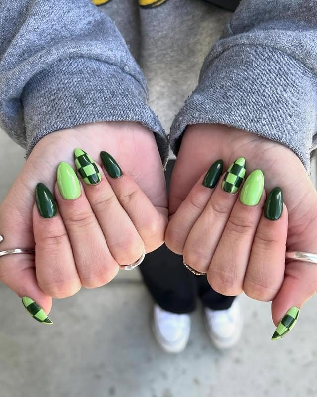5. Green Checkerboard Almond Nails - march nail ideas