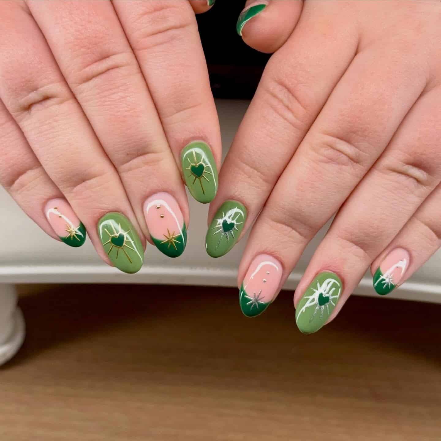 6. Olive Green Heart French Tip Nails - march nail ideas