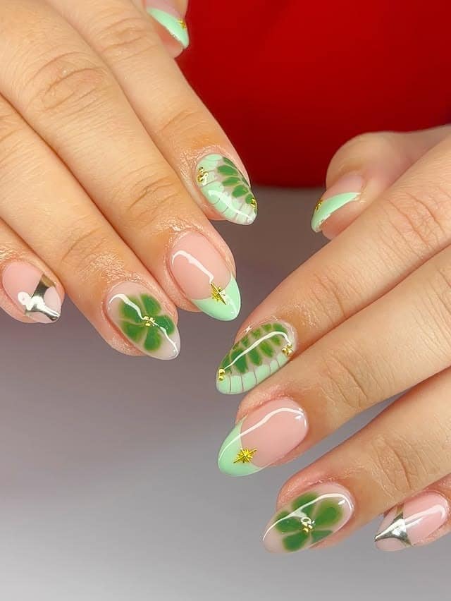 7. Mint Green Clover French Nails - march nail ideas