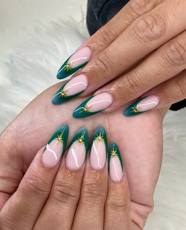 9. Emerald Green French Almond Nails - march nail ideas