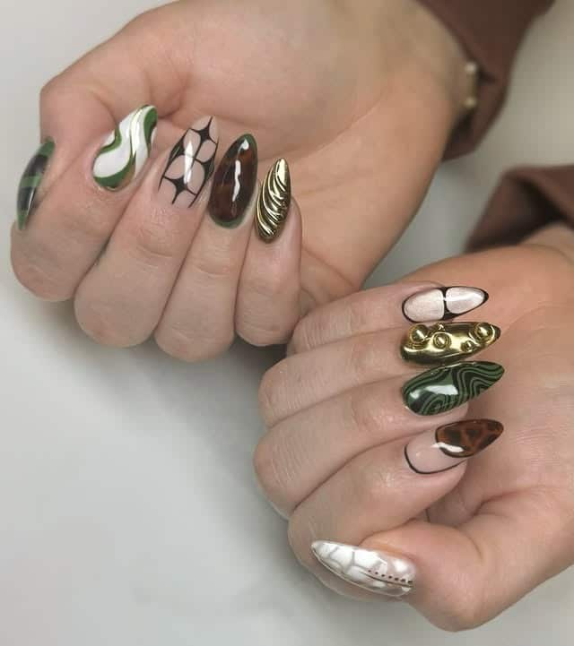 10. Green Marble and Abstract Almond Nails - march nail ideas