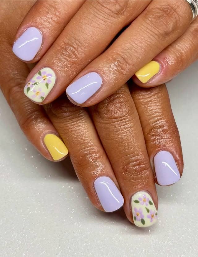13. Pastel Lavender and Yellow Floral Short Nails - march nail ideas