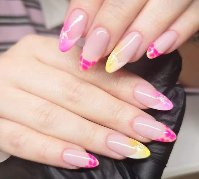 14. Pink and Yellow French Almond Nails - march nail ideas