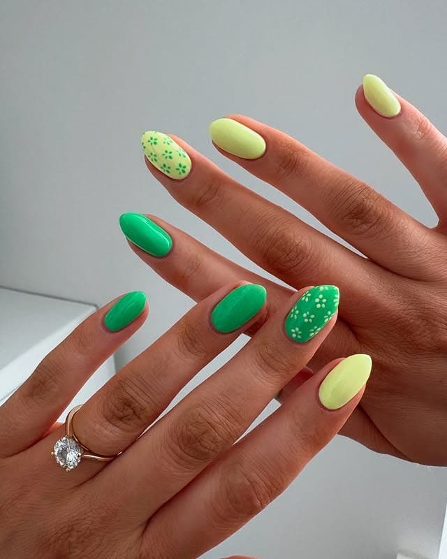 15. Lime Green Daisy Almond Nails - march nail ideas