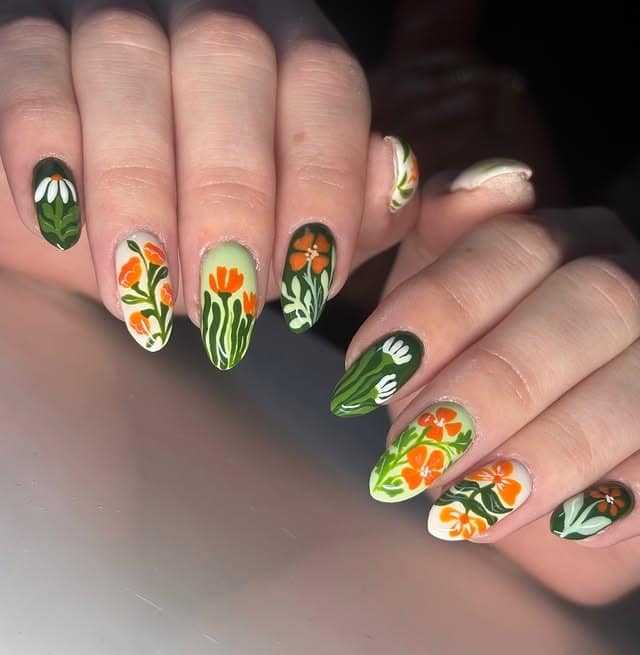 17. Forest Green Wildflower Almond Nails - march nail ideas
