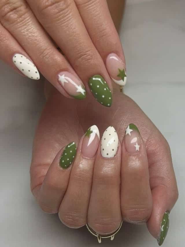 19. Olive Green Star French Almond Nails - march nail ideas