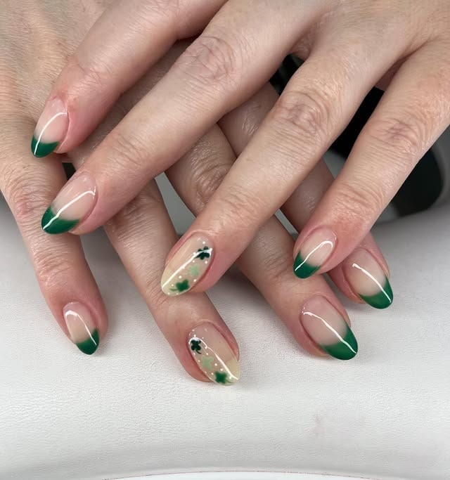 21. Emerald Green French Tip Almond Nails - march nail ideas