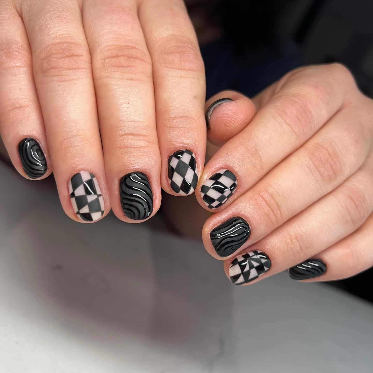5. Matte Black Checkerboard Short Nails - matte nail ideas