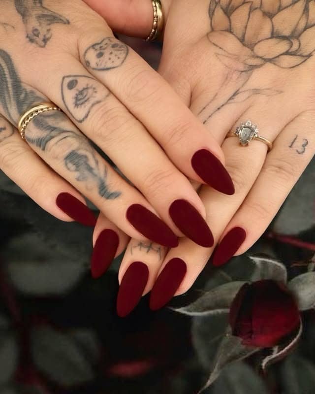 8. Matte Dark Red Almond Nails - matte nail ideas