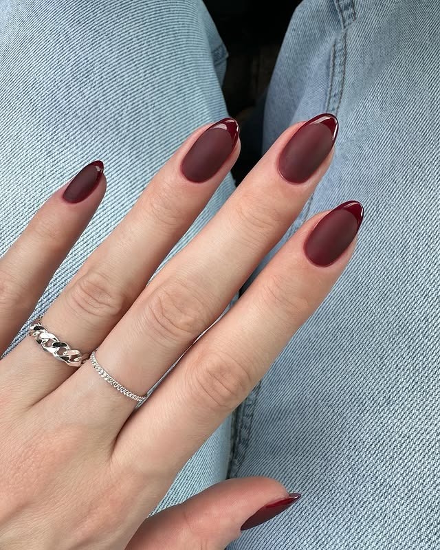10. Matte Burgundy French Oval Nails - matte nail ideas