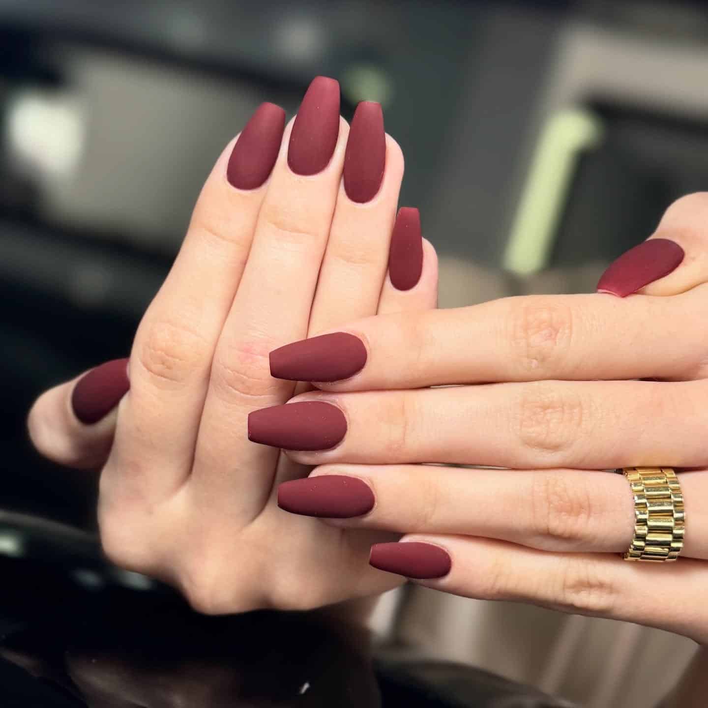 12. Matte Burgundy Coffin Nails - matte nail ideas
