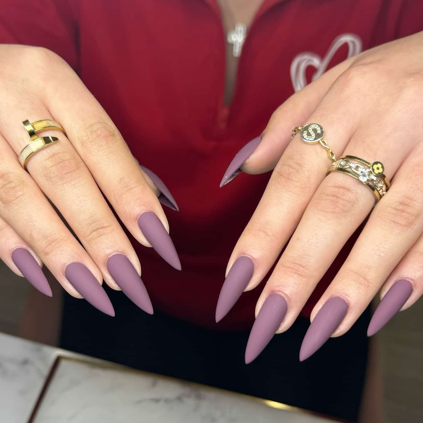 14. Matte Dusty Mauve Stiletto Nails - matte nail ideas