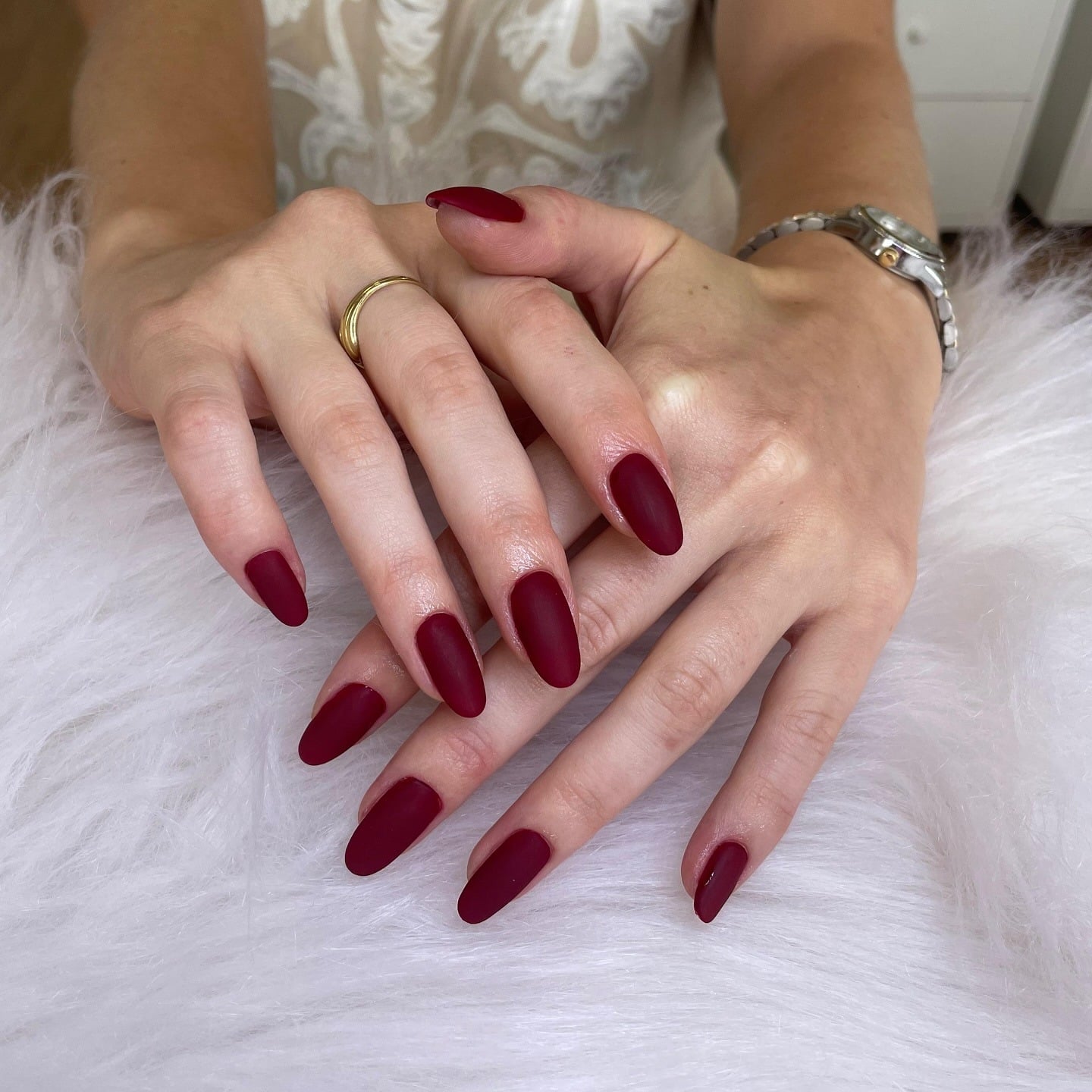 15. Matte Cranberry Almond Nails - matte nail ideas