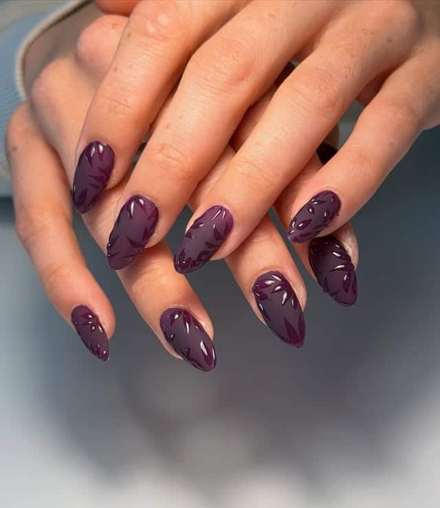 22. Matte Plum Botanical Almond Nails - matte nail ideas