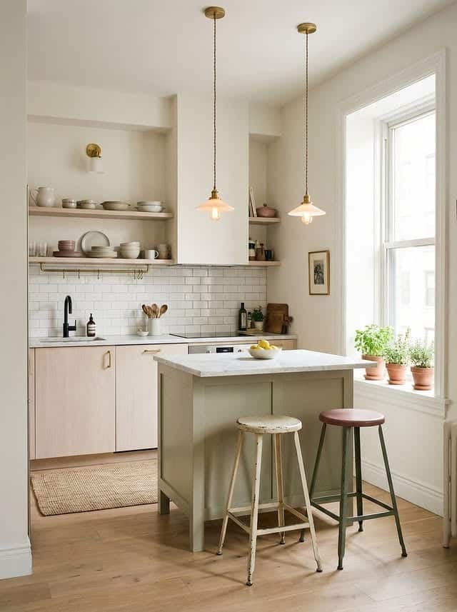 6. Soft Beige and White Small Kitchen with Island Ideas - small kitchen ideas