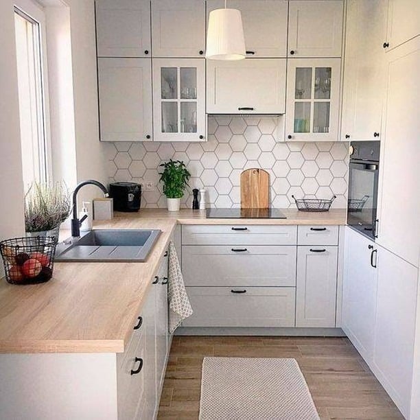 9. White Kitchen with Hexagon Backsplash Ideas - small kitchen ideas
