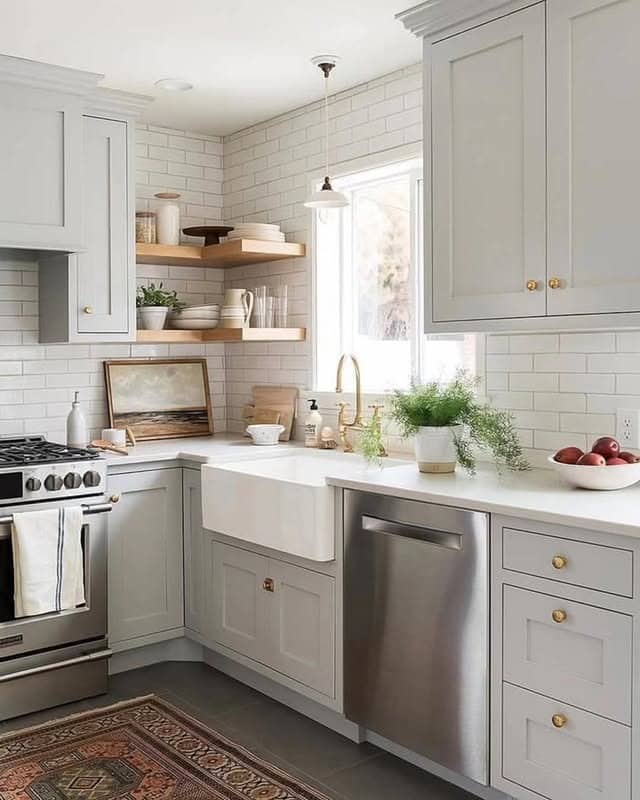 15. Light Gray Farmhouse Small Kitchen Ideas - small kitchen ideas