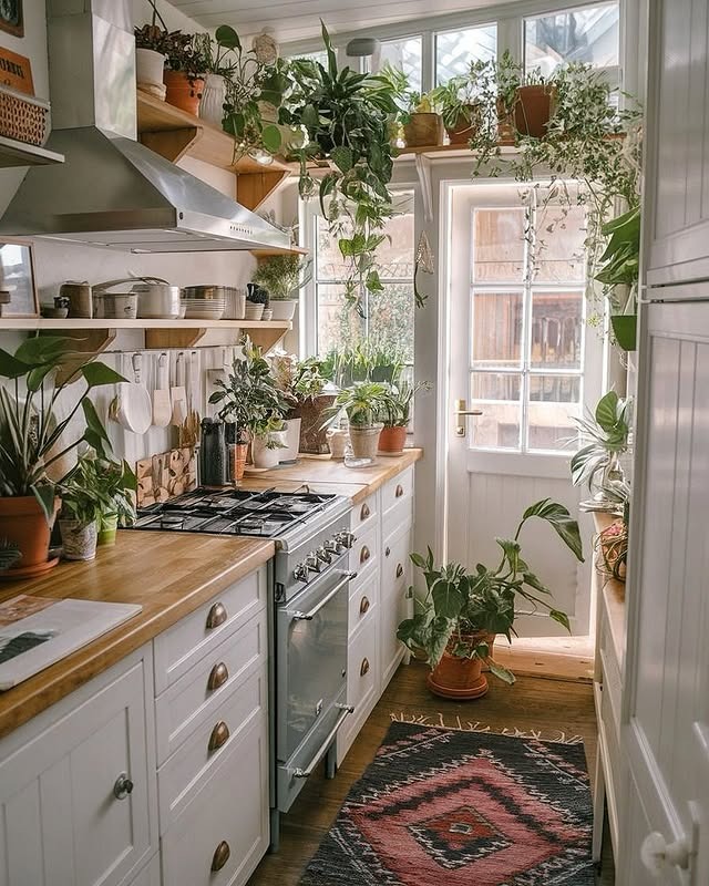 17. White and Natural Wood Plant-Filled Kitchen Ideas - small kitchen ideas