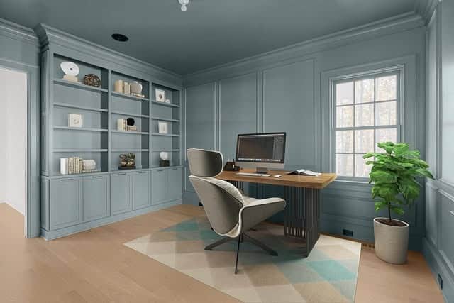 5. Soft Blue-Teal Office Ideas with Built-In Storage - teal office ideas