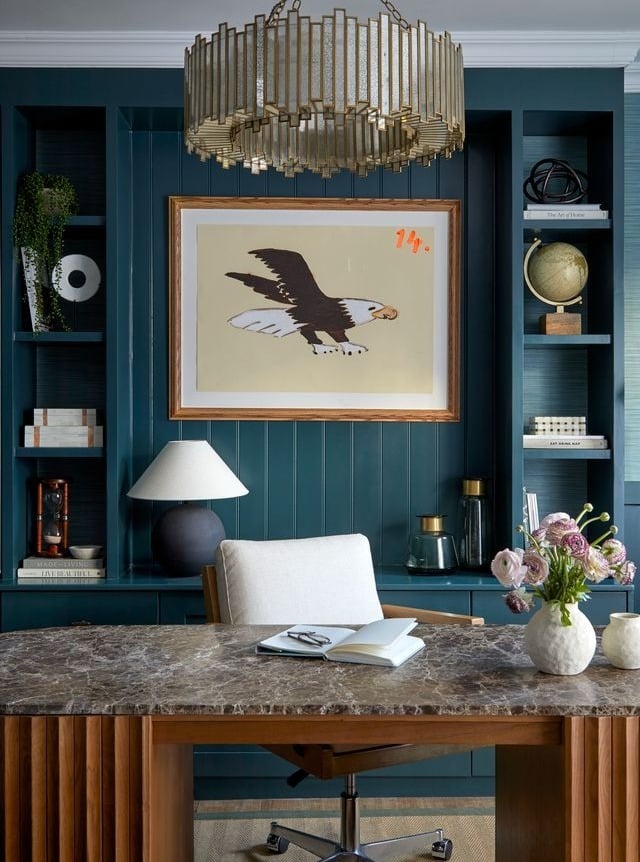 8. Teal Office Ideas with Built-In Shelving and Brass Details - teal office ideas