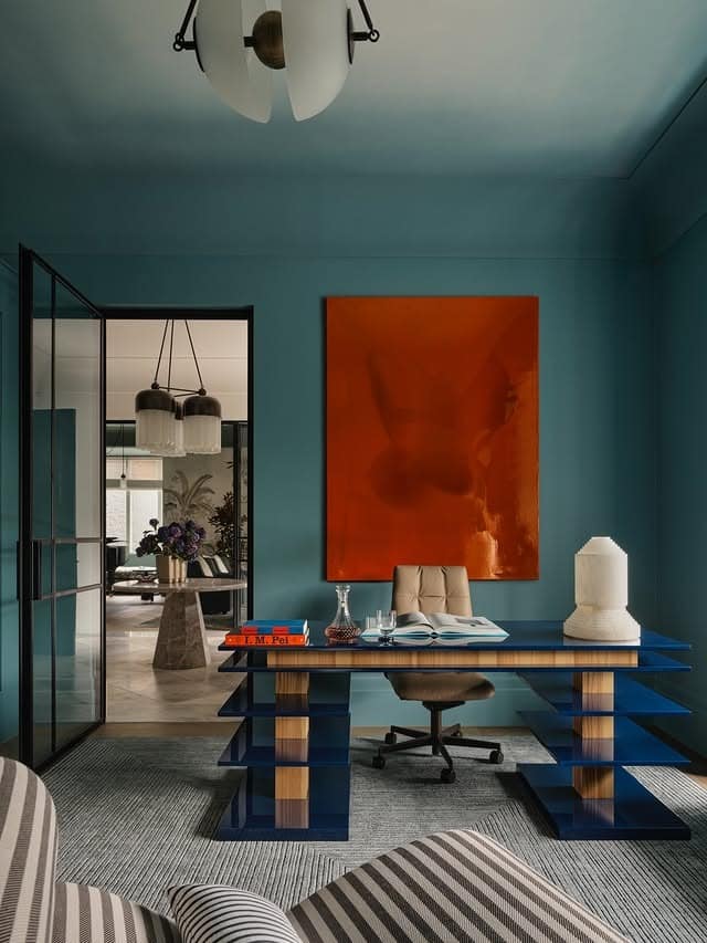 10. Contemporary Teal Office Ideas with Bold Art - teal office ideas