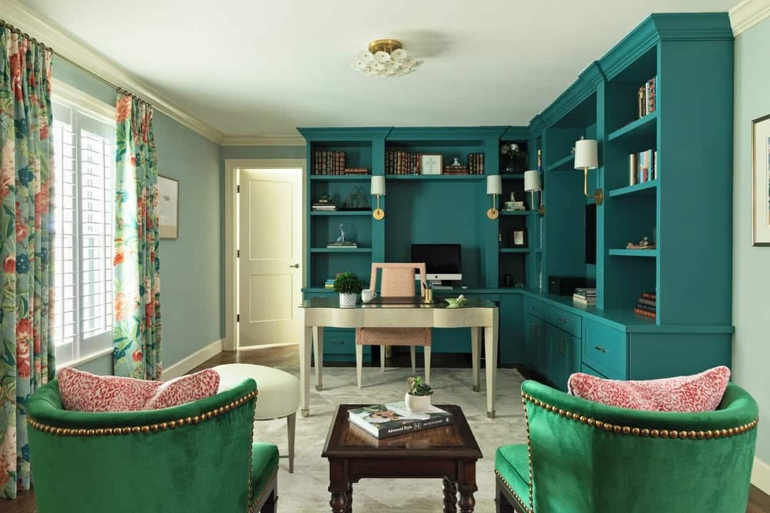 12. Teal Office Ideas with Custom Built-In Cabinetry - teal office ideas