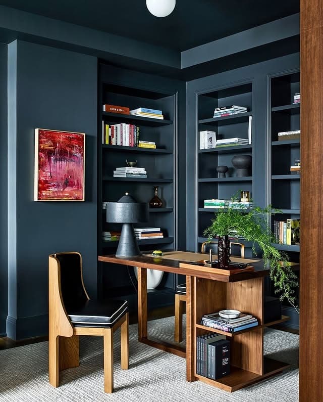 13. Dark Teal Office Ideas with Modern Wood Furniture - teal office ideas