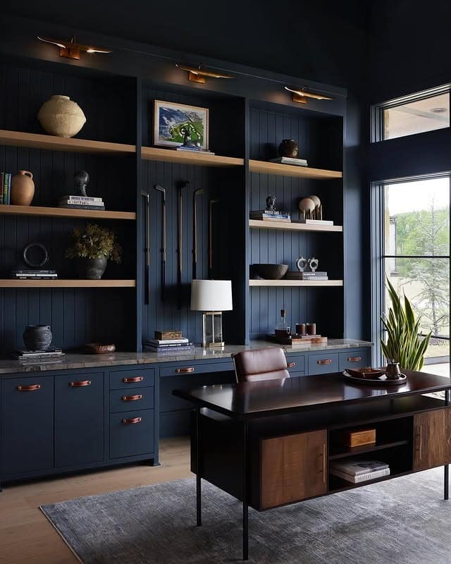 15. Navy Teal Office Ideas with Statement Built-Ins - teal office ideas