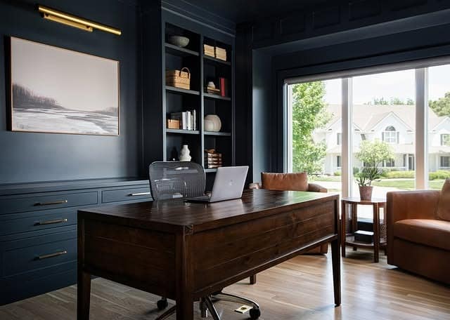 16. Moody Teal Office Ideas with Classic Executive Style - teal office ideas