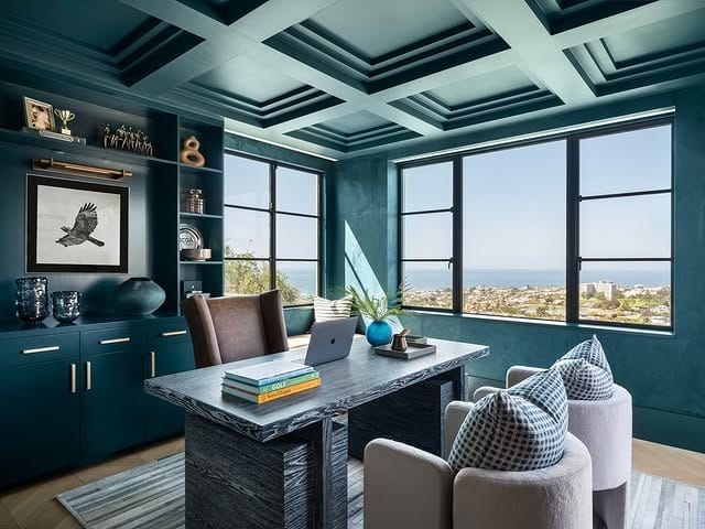 17. Luxury Teal Office Ideas with Coffered Ceiling - teal office ideas