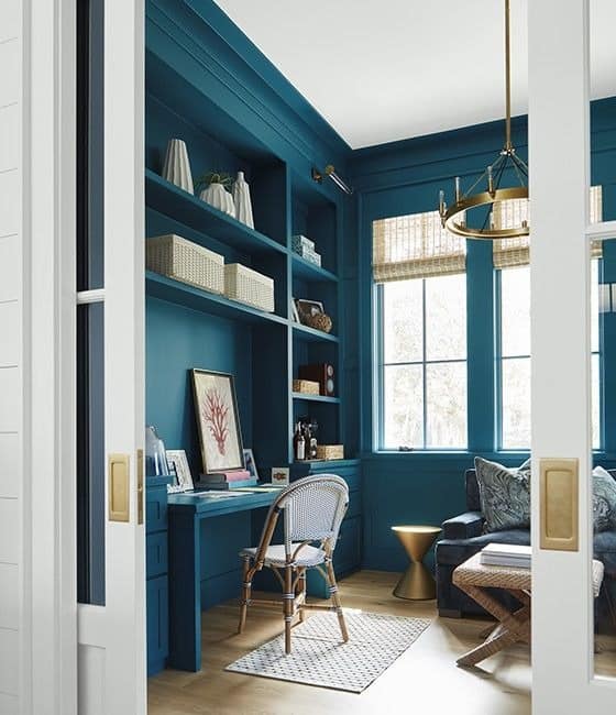 18. Blue Teal Office Ideas with Built-In Desk - teal office ideas