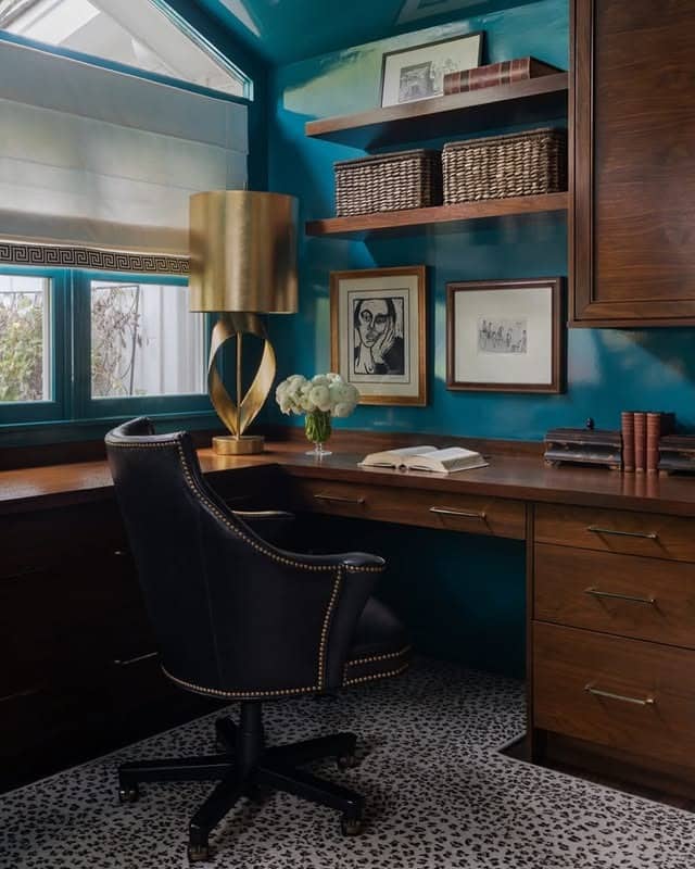 19. Bright Teal Office Ideas with Warm Wood Details - teal office ideas