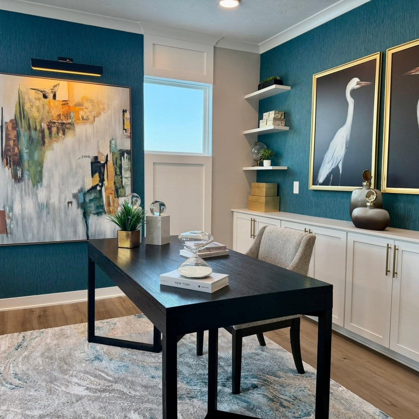 21. Modern Teal Office Ideas with White Built-Ins - teal office ideas