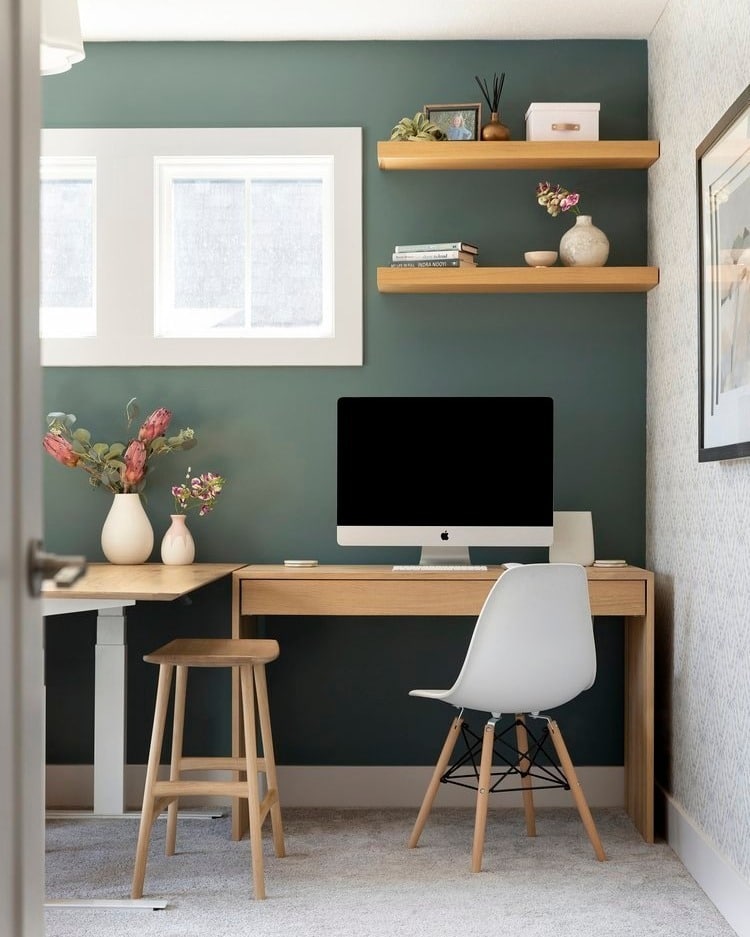 22. Sage Teal Office Ideas with Light Wood Accents - teal office ideas
