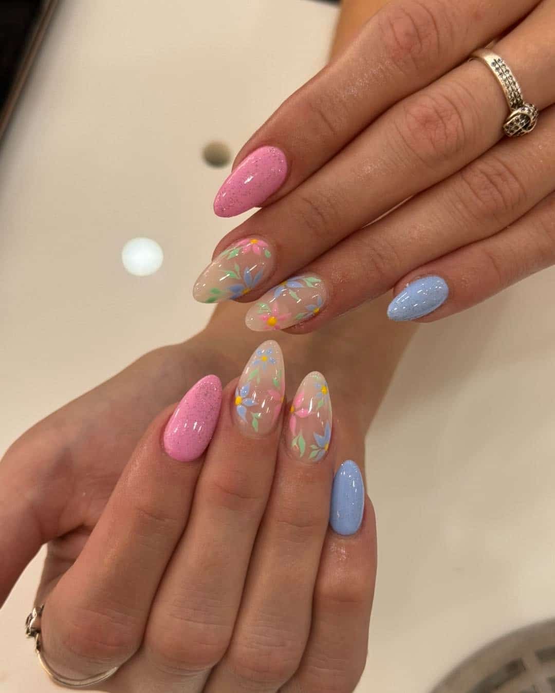 3. Pastel Pink and Blue Floral Nails - pastel nail ideas