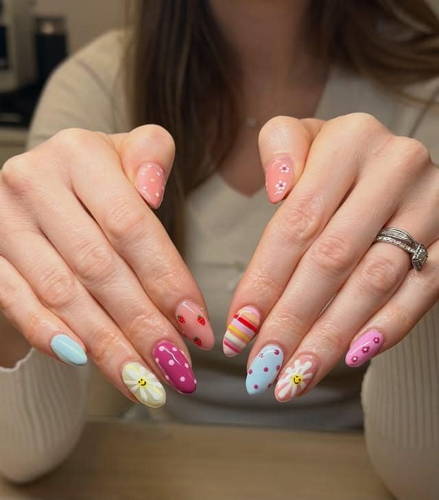 4. Pastel Daisy Mix Almond Nails - pastel nail ideas