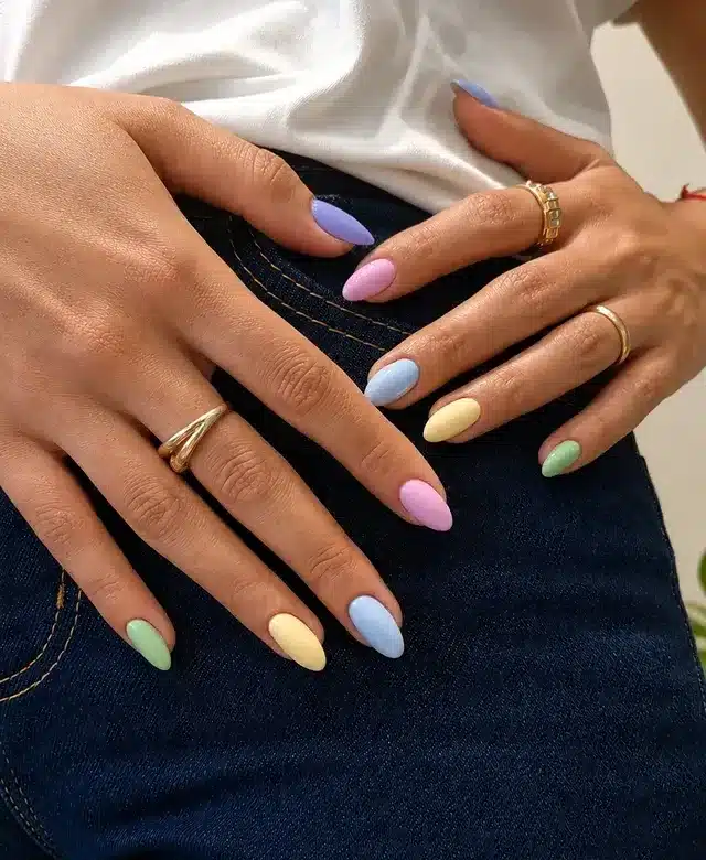 6. Solid Pastel Rainbow Almond Nails - pastel nail ideas