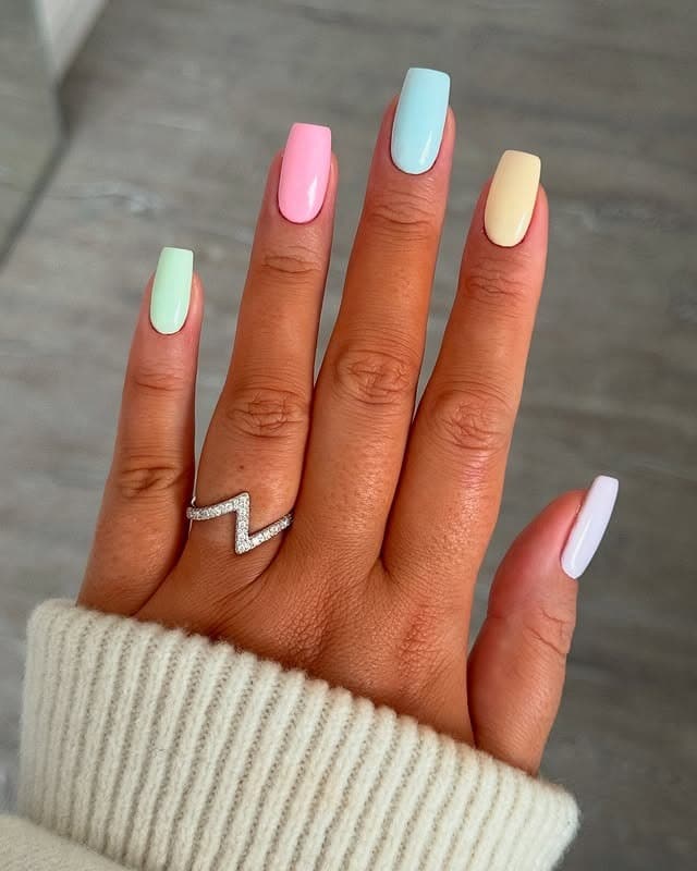 10. Pastel Color Block Square Nails - pastel nail ideas